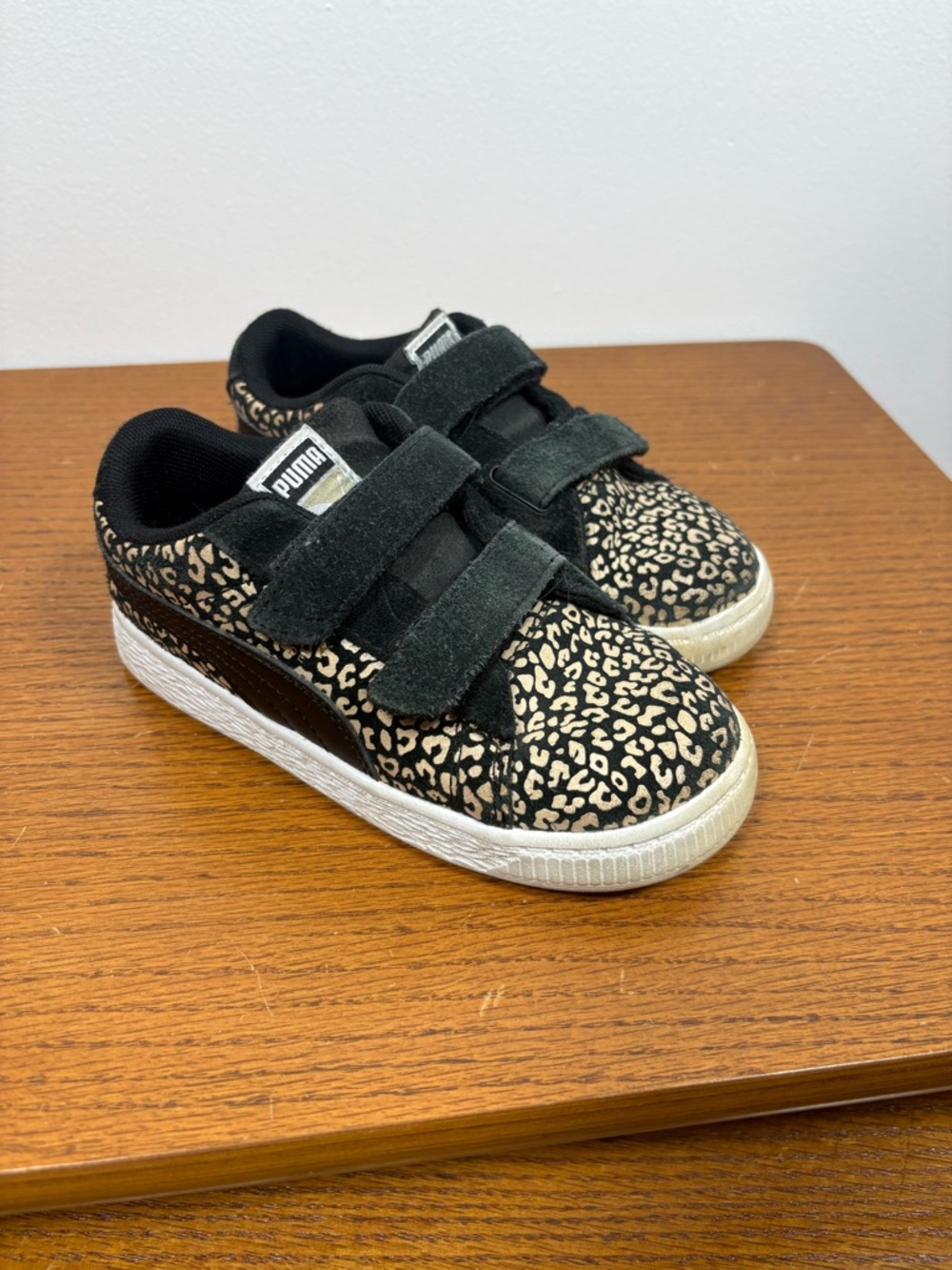 Puma Kids Black and Tan Leopard Velcro Sneakers